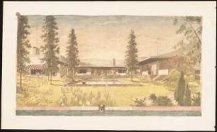 Landhaus, Nyon (Haus Baer): Perspektivische Ansicht (Gartenseite, Variante als Flachbau)