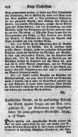 Ausführlicher Bericht, wie die merkwürdige Schlacht bei Süptitz ohnweit Torgau am 3ten November 1760 geschehen ist.