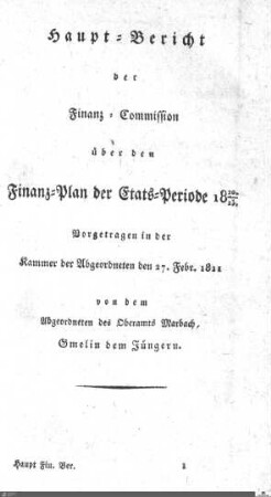 Haupt-Bericht über den Finanz-Plan der Etats-Periode 1820-1823