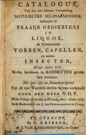 Catalogus van een Verzameling natuurlyke Seldsamheden