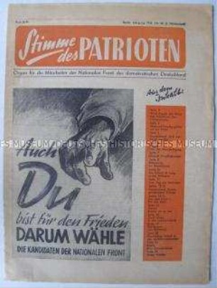 Funktionärszeitung der Nationalen Front "Stimme des Patrioten" u.a. zur bevorstehenden Volkskammerwahl