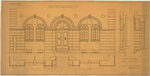 Billing, Hermann; Karlsruhe (Baden-Württemberg), Ritterstr.; Bebauung Ettlinger Tor, Städtische Feuerwache - Seitenfassade, Ausschnitt (Grundriss; Ansichten; Schnitt)
