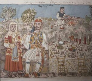 Lesbos, Mytilini. Museum Theofilos. Bauernhochzeit, 1933. Ausschnitt: Braut und Bräutigam