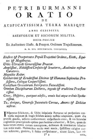 Oratio De Auspicatissima Terra Marique Anni MDCCII. Batavorum Et Sociorum Militia.