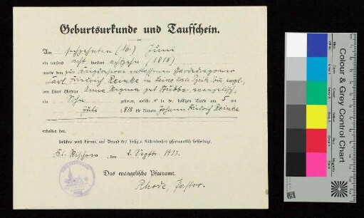 Geburtsurkunde Großvater Johann Friedrich Reinke, 16.06.1818 Taufe am 5.07.1818