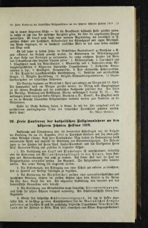 20. Freie Konferenz der katholischen Religionslehrer an den höheren Schulen Hessens 1919