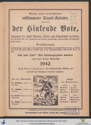 Neuer und verbesserter vollkommener Staats-Kalender, genannt der Hinkende Bote, ... auf das Jahr 1942.