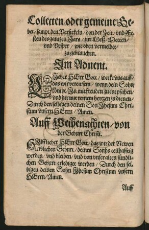 Collecten/ oder gemeine Gebet/ sampt den Versickeln/ von der Zeit/ und Festen des gantzen Jars/ zur Meß/ Metten/ und Vesper/ wie oben vermeldet/ zu gebrauchen.