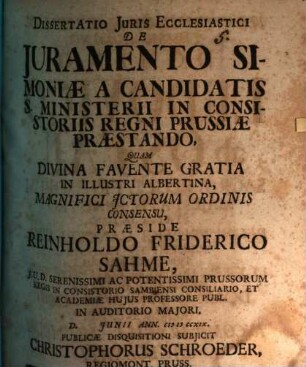 Diss. iur. eccl. de iuramento simoniae a candidatis s. ministerii in consistoriis regni Prussiae praestando