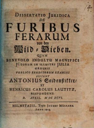 De furibus ferarum, von den Wild-Dieben : diss. iur.