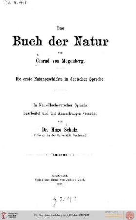 Das Buch der Natur : die erste Naturgeschichte in deutscher Sprache