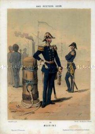 Uniformdarstellung, Schiffskapitän und Offizier der Marine am Hafen, Österreich, 1848/1854. Tafel 141 aus: Gerasch: Das Oesterreichische Heer.