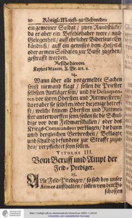 Titulus III. Vom Beruff und Ampt der Feld-Prediger