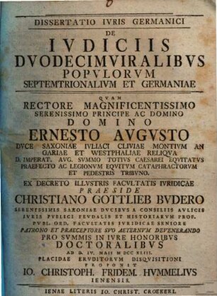 Diss. iuris Germ. de iudiciis duodecimviralibus populorum septemtrionalium et Germaniae