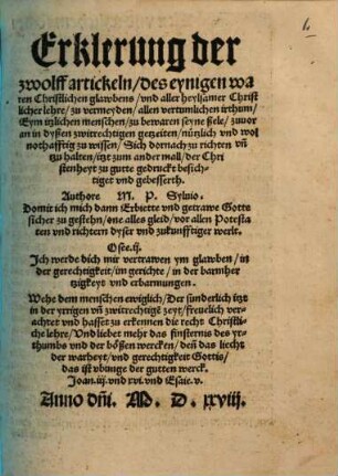 Erklerung der zwölf Artikeln des eynigen waren christlichen Glaubens