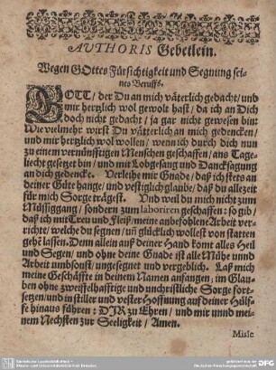 AUTHORIS Gebetlein. Wegen Gottes Fürsichtigkeit und Segnung seines Beruffs.