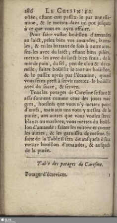 Table des potages de Caresme