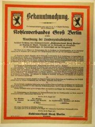 Bekanntmachung über die Bildung der Kohleverbandes Groß Berlin