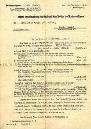 Bescheid über die Zahlung eines Sterbegeldes an die Witwe eines im KZ Buchenwald umgekommenen Mannes
