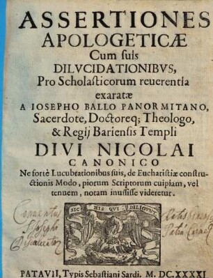Assertiones Apologeticae Cum suis Dilucidationibus