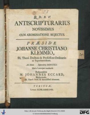 Antiscripturarius Novissimus Cum Abominatione Rejectus