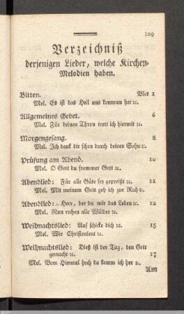 Verzeichniß derjenigen Lieder, welche Kirchen-Melodien haben.