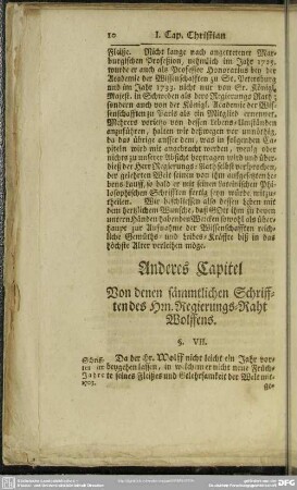 Anderes Capitel Von denen sämmtlichen Schrifften des Hrn. Regierungs-Raht Wolffens