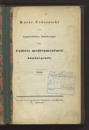 Kurze Uebersicht der hauptsächlichen Abänderungen des Codicis medicamentarii hamburgensis.