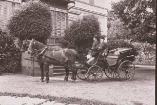 Landaulet, zweispännig vor Villa, Pferdegespann