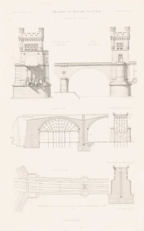 Rheinbrücke, Koblenz: Grundriss, Ansichten, Längsschnitt, Querschnitte (aus: Atlas zur Zeitschrift für Bauwesen, hrsg. v. F. Endell, Jg. 31, 1881)