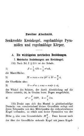 Zweiter Abschnitt. Senkrechte Kreiskegel, regelmässige Pyra- miden und regelmässige Körper.
