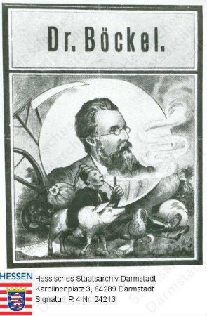 Böckel, Otto, Dr. phil. (1859-1923) / Porträt, Karikatur mit deutschem Michel als Bauer, ein Schwein unterm Arm geklemmt, Pfeife rauchend und Apfelwein trinkend
