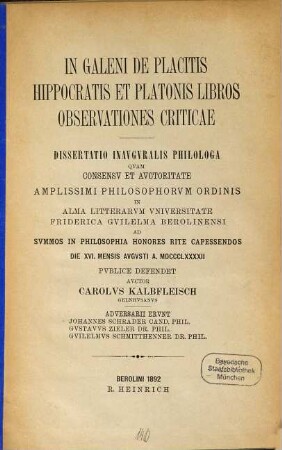 In Galeni de placitis Hippocratis et Platonis libros observationes criticae