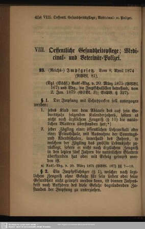 VIII. Oeffentliche Gesundheitspflege; Medicinal- und Veterinär-Polizei