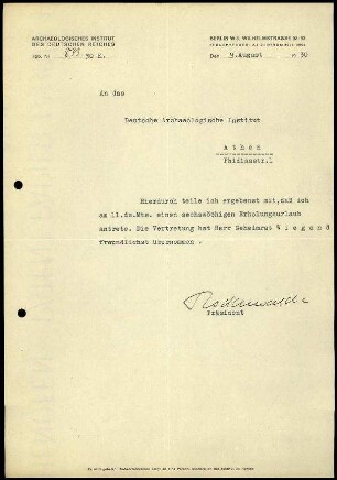 G. Rodenwaldt an DAI Athen