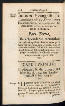 Initium Evangelii Johannis Post. ex Antiquitate Ecclesiastica contra iniquissimam L.M. Artemonii criticam vindicatum atque illustratum. Pars Tertia
