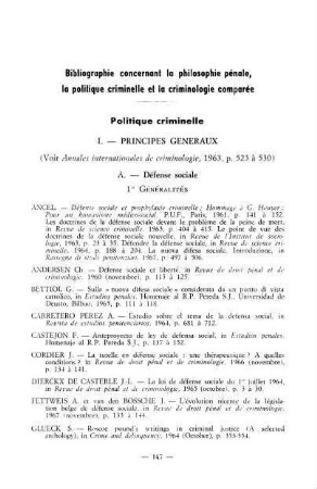 147-174, Bibliographie concernant la philosophie pénale, la politique criminelle et la criminologie comparée