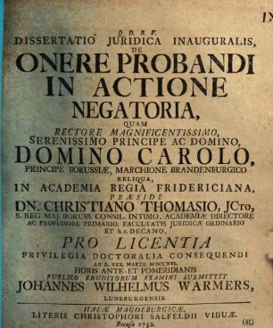 Dissertatio iuridica inauguralis de onere probandi in actione negatoria