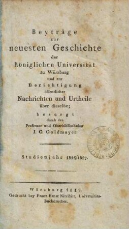 Beyträge zur neuesten Geschichte der Kön. Universität Würzburg, Studienjahr 1816/17