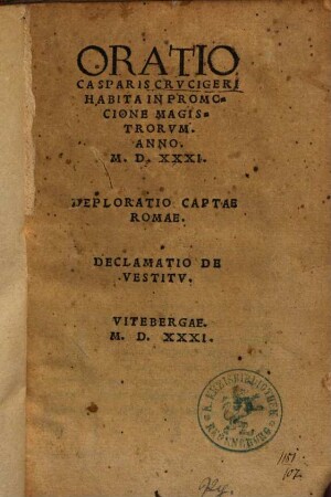 Oratio Casparis Crucigeri Habita In Promocione Magistrorum Anno M.D.XXXI.