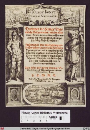 Ein römischer Krieger und ein Landsknecht stehen auf Postamenten, darüber und darunter Schlachtenszenen.