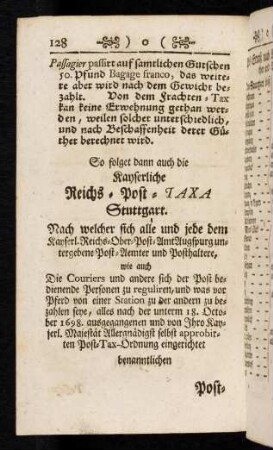 128-137, So folget dann auch die Kayserliche Reichs-Post-Taxa Stuttgart.
