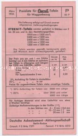 Preisliste für Eternit-Tafeln für Waggonbezug