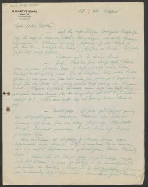 Brief an Willy Strecker und B. Schott's Söhne : 28.07.1930