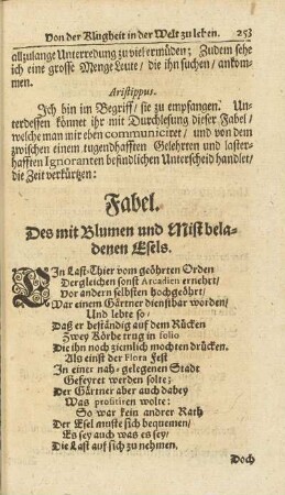 Fabel. Des mit Blumen und Mist beladenen Esels