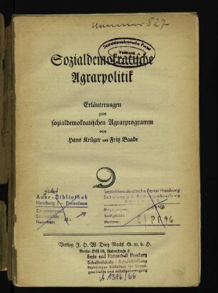 Sozialdemokratische Agrarpolitik : Erläuterungen zum sozialdemokratischen Agrarprogramm