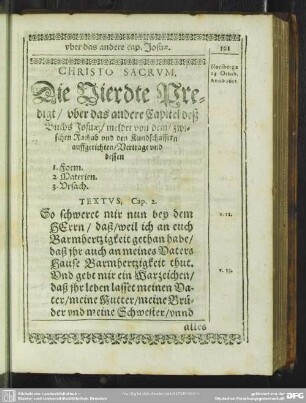 [Die vierdte Predigt, uber das andere cap. Josuae]. Die Vierdte Predigt, uber das andere Capitel deß Buchs Josuae, meldet von dem, zwischen Rachab und den Kundschaffern auffgerichteten, Vertrage ...