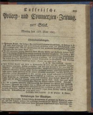 21tes Stück, Montag den 18ten May 1807