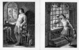 Quentin Durward beobachtet am Fenster eine Lautespielerin bzw. nimmt Abschied von der Gräfin Isabelle (zwei Illustrationen zu Scott/Quentin Durward im Gothaischen Genealogischen Taschenbuch 1825)