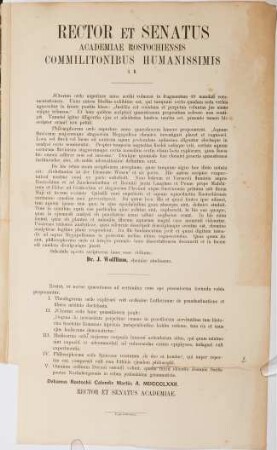Rector et Senatus Universitatis Rostochiensis commilitonibus humanissimis s.. 1872